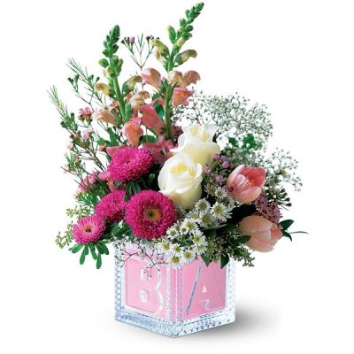 Baby Girl Block Flowers In Pink Toy Vase